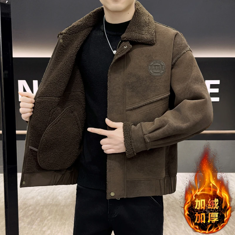 TONKALAUCI一体绒复古风毛领皮毛一体皮衣男加绒加厚保暖夹克时