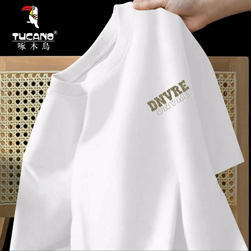 啄木鸟夏季男士重磅纯棉短袖t恤男女潮流宽松圆领百搭短袖男t恤