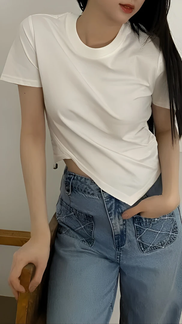 鸟家圆领T恤小蛮腰纯色短款小众时尚百搭韩版不规则夏季白色显瘦