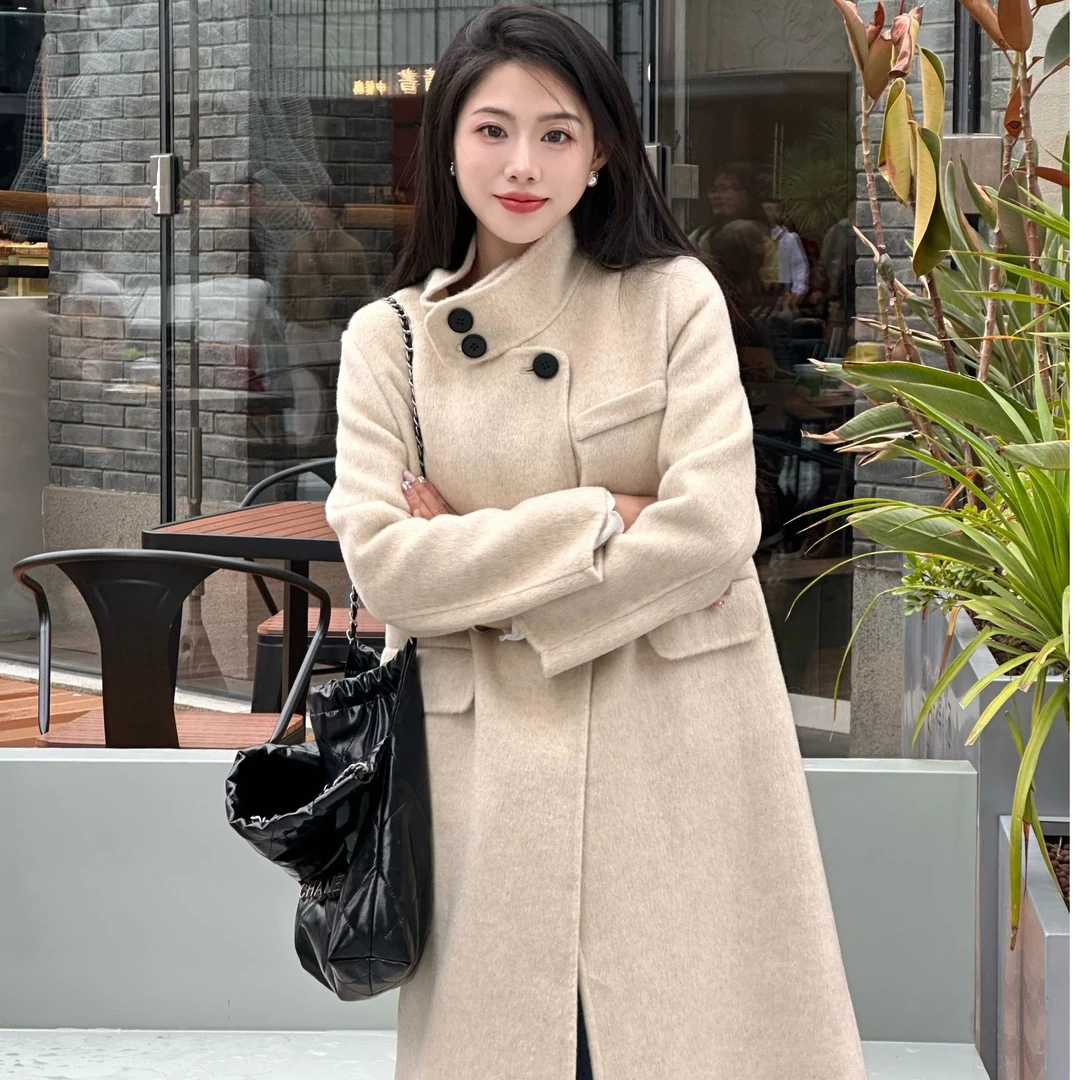 8018【骆驼绒&桑蚕丝】秋冬羊毛大衣女士长款高领外套小个子立领