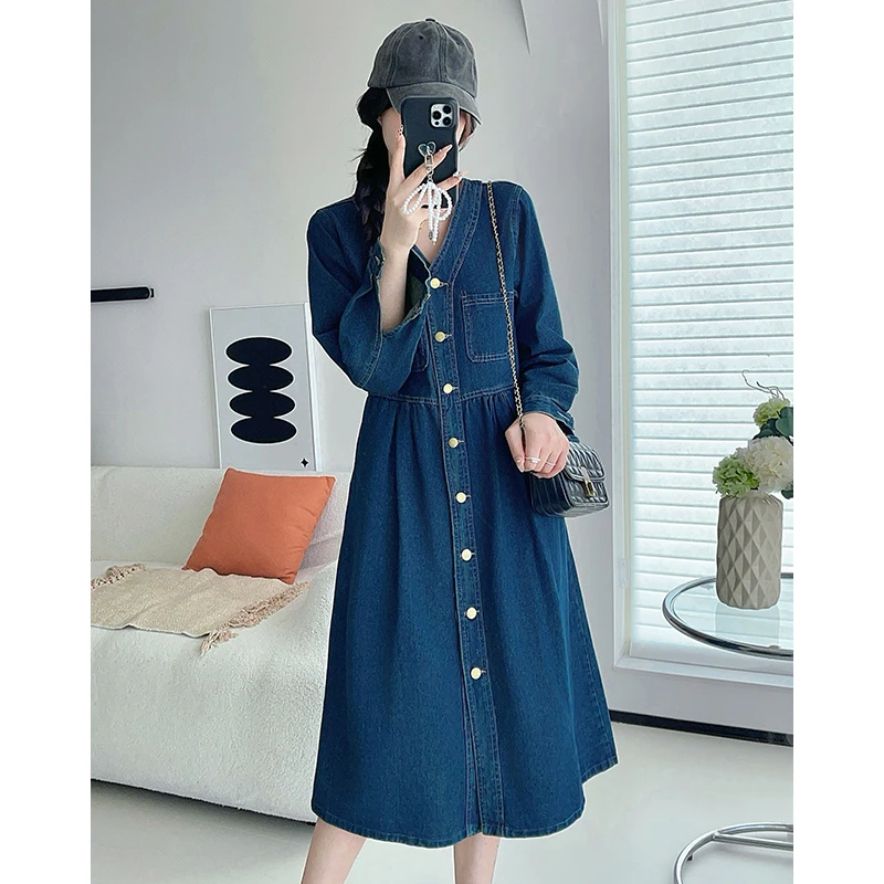 港风复古牛仔连衣裙女春装2025年新款女装时尚宽松v领长袖衬衫裙