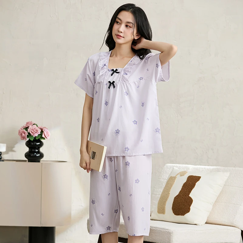 夏季短袖花边七分裤两件套2025年新款绵绸舒适睡衣女套装家居服