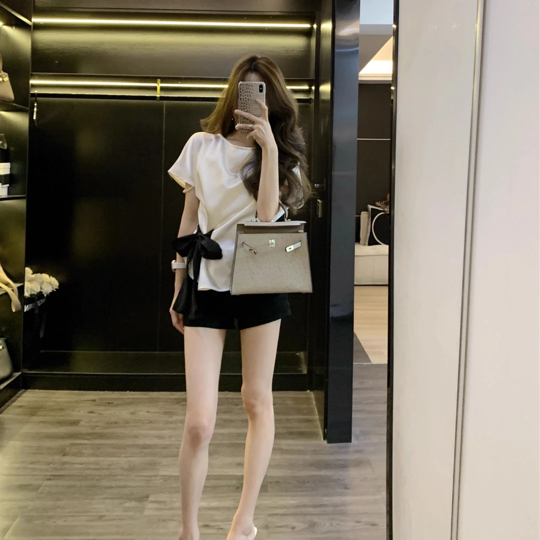 【现货】Leathercat白短袖衬衫女t恤夏2025新款高级感绑带斜肩上衣