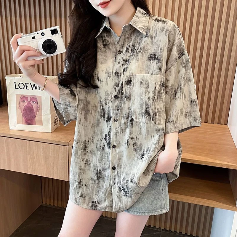 复古扎染短袖防晒衬衫女夏季新款韩版宽松薄款透气polo领开衫衬衣