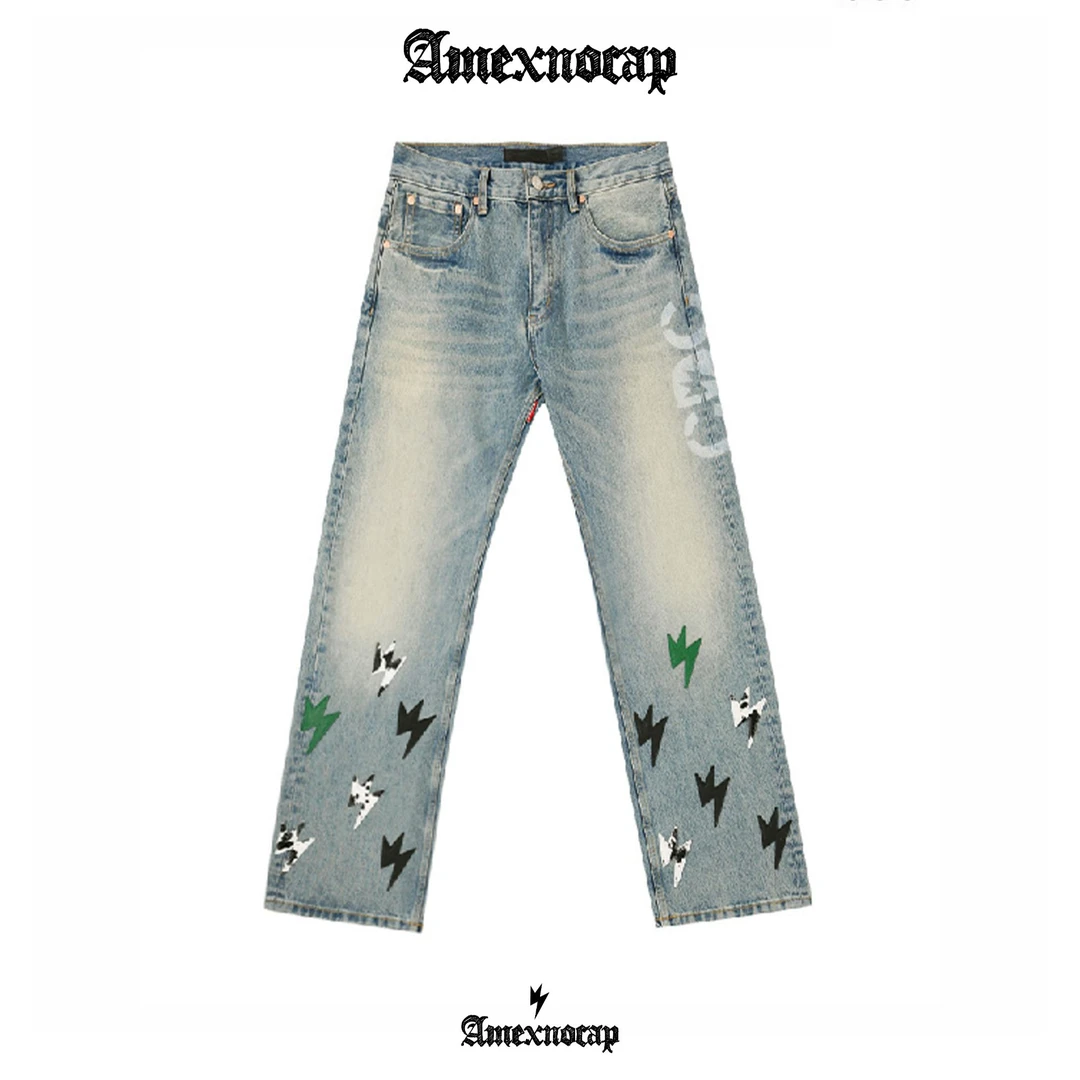 【熊猫闪电牛】Amexnocap闪电牛仔裤潮流经典百搭直筒宽松