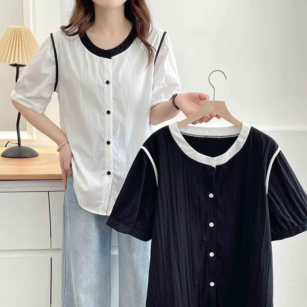 夏季大码胖MM洋气百搭撞色拼接休闲短袖衬衫遮肉显瘦上衣xx