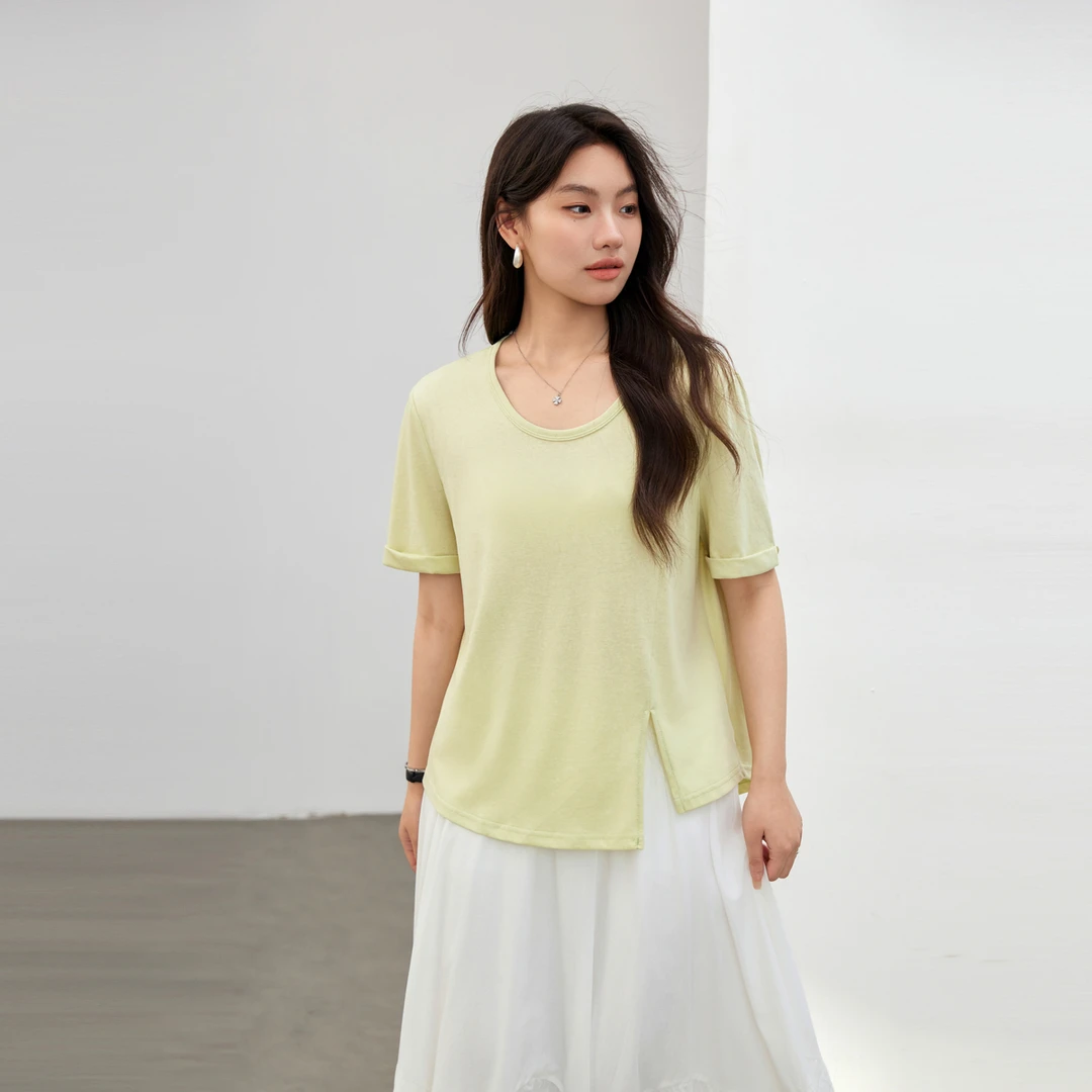 【时尚个性设计感开叉百搭T恤】纤莉秀W大码女装夏季正肩短袖QK1085