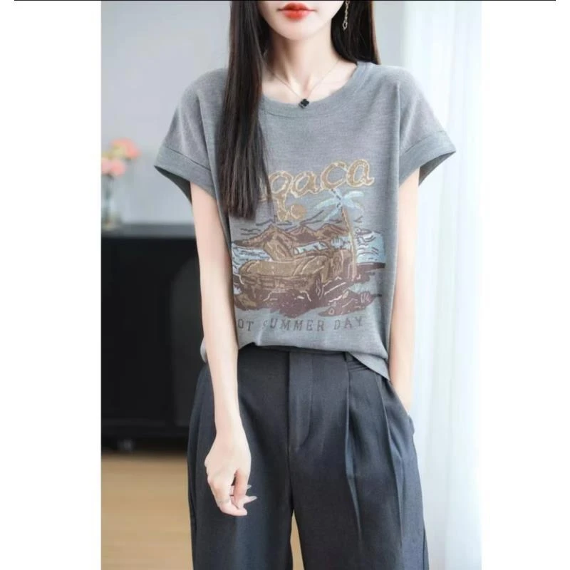 【恒利源】新款时尚百搭圆领14针竹节麻T恤宽松显瘦针织休闲女短袖