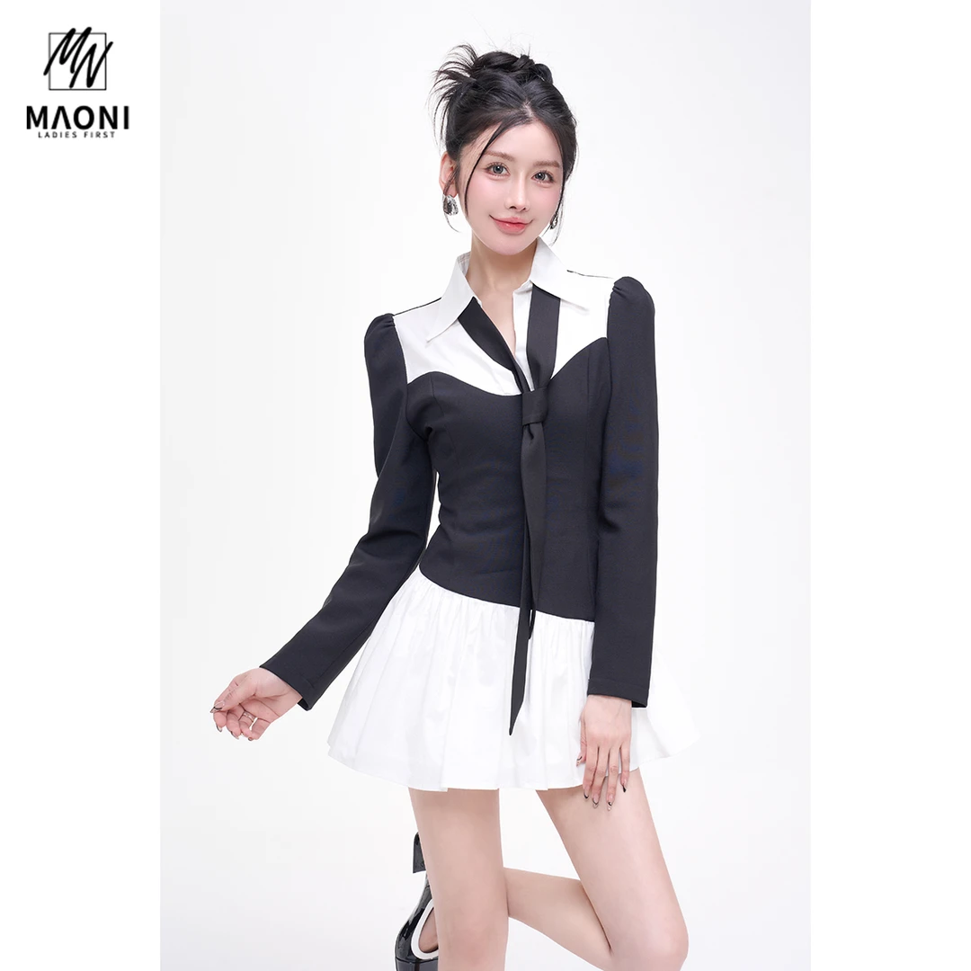 毛妮Peshe【拼色假两件连衣裙】配飘带法式别致名媛长袖收腰L1391