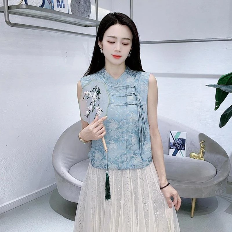 轻奢时尚衬衫女2025夏季新款时髦洋气国风立领上衣盘扣流苏无袖背