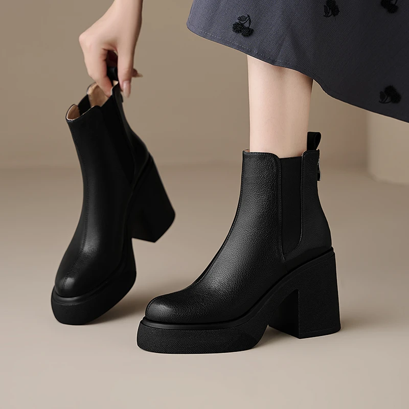 9.5cm高跟切尔西靴子女粗跟防水台厚底百搭小短靴秋冬真皮及踝靴