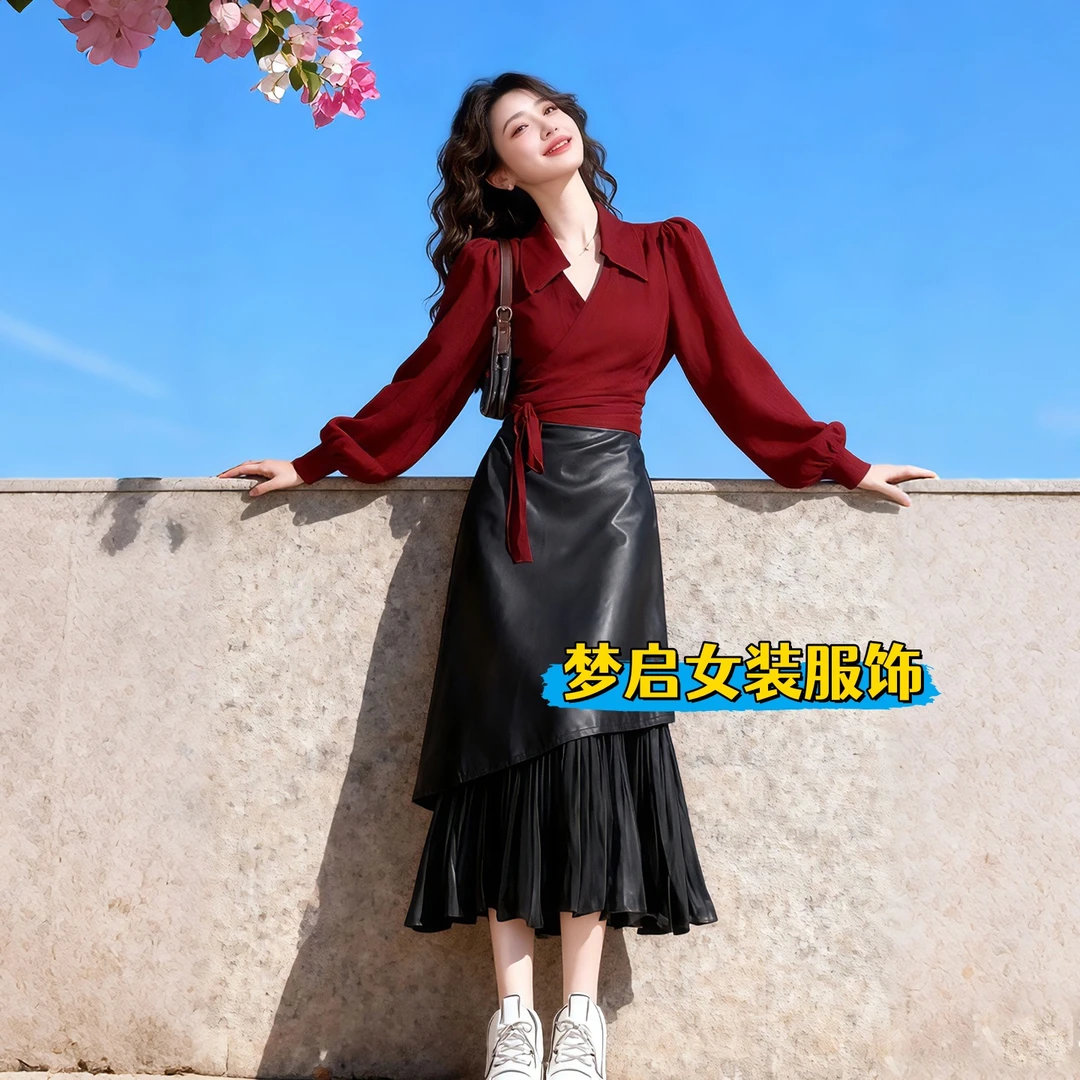 2025超火秋冬季穿搭一整套高级感红色衬衣不规则包臀半身裙套装女