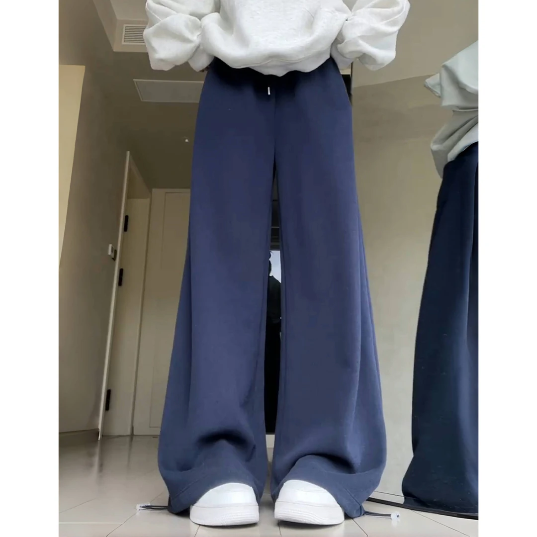 藏青色运动裤女秋季2025新款小个子高腰休闲阔腿宽松显瘦束脚卫裤