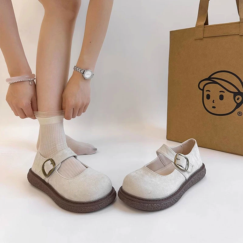 软底复古圆头玛丽珍鞋女2025夏季新款百搭魔术贴厚底增高浅口单鞋