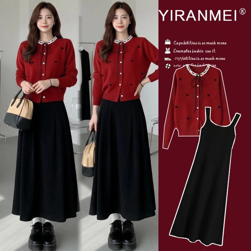 孕妇冬季套装新款时尚气质洋气减龄红色孕妇毛衣+气质显瘦打底裙