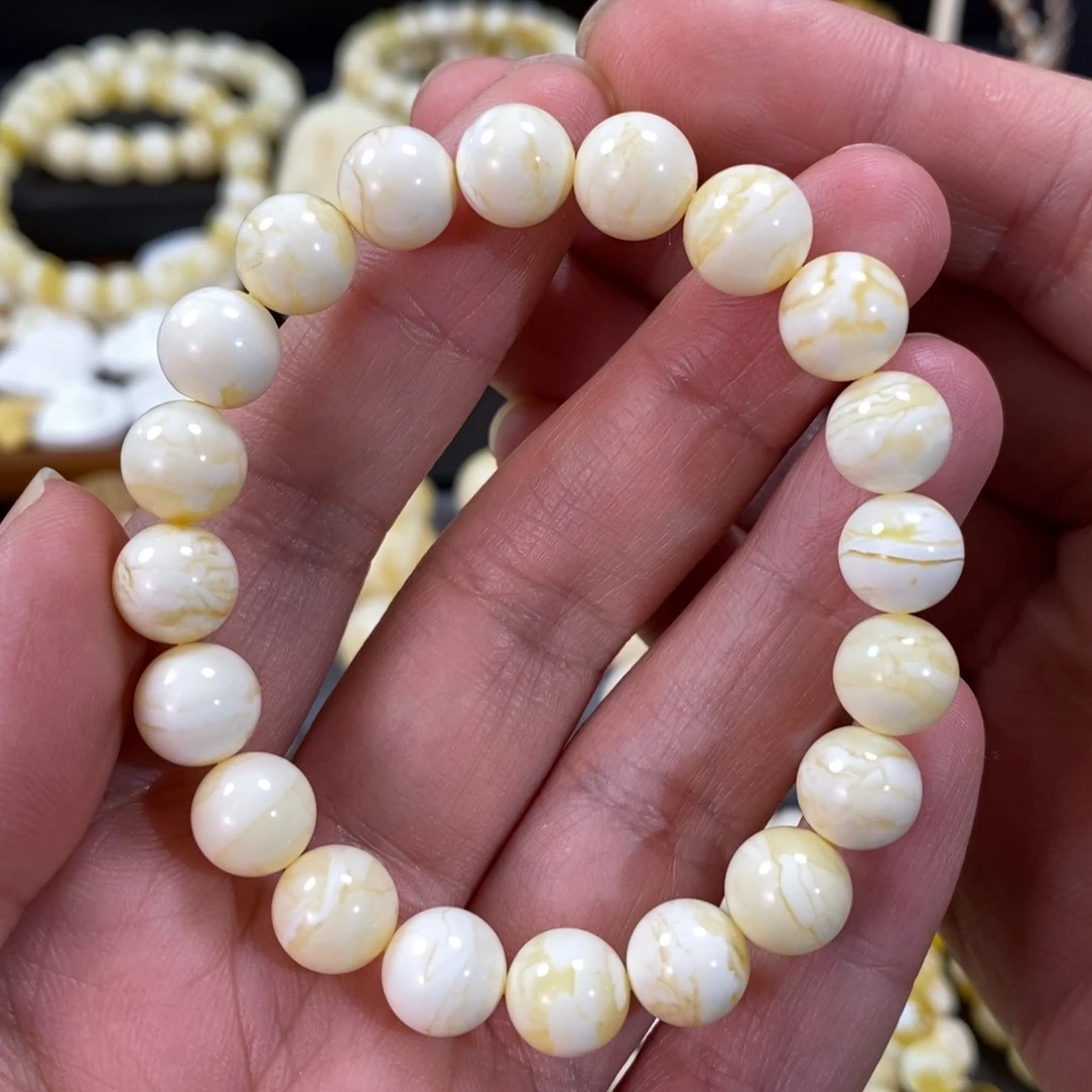 蜜蜡手串未镶嵌瓷白虎皮圆珠手串9mm+