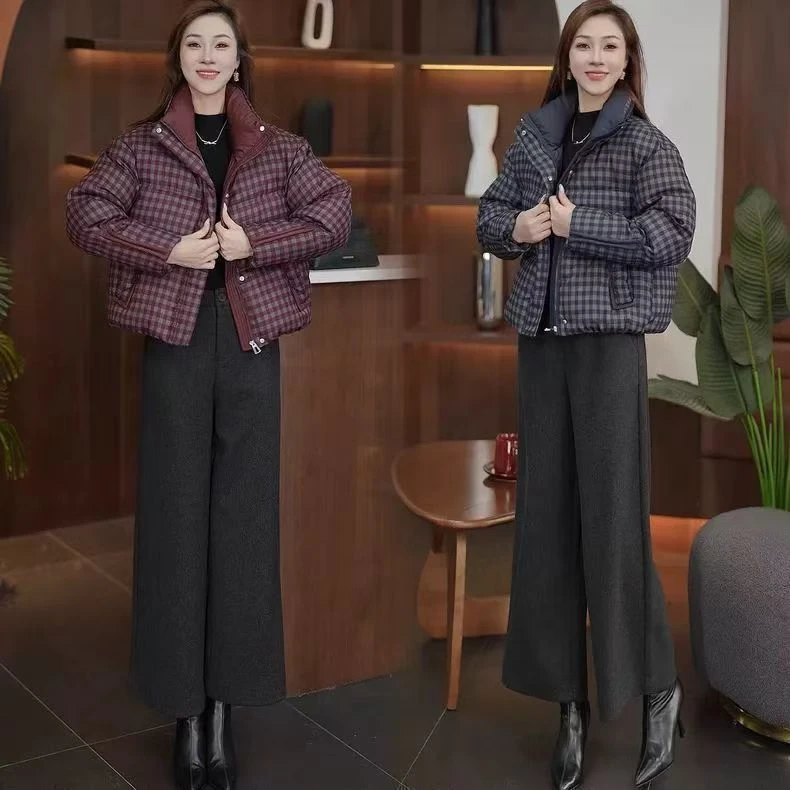 2025冬季新款时尚气质百搭加厚保暖立领宽松短款格子棉服