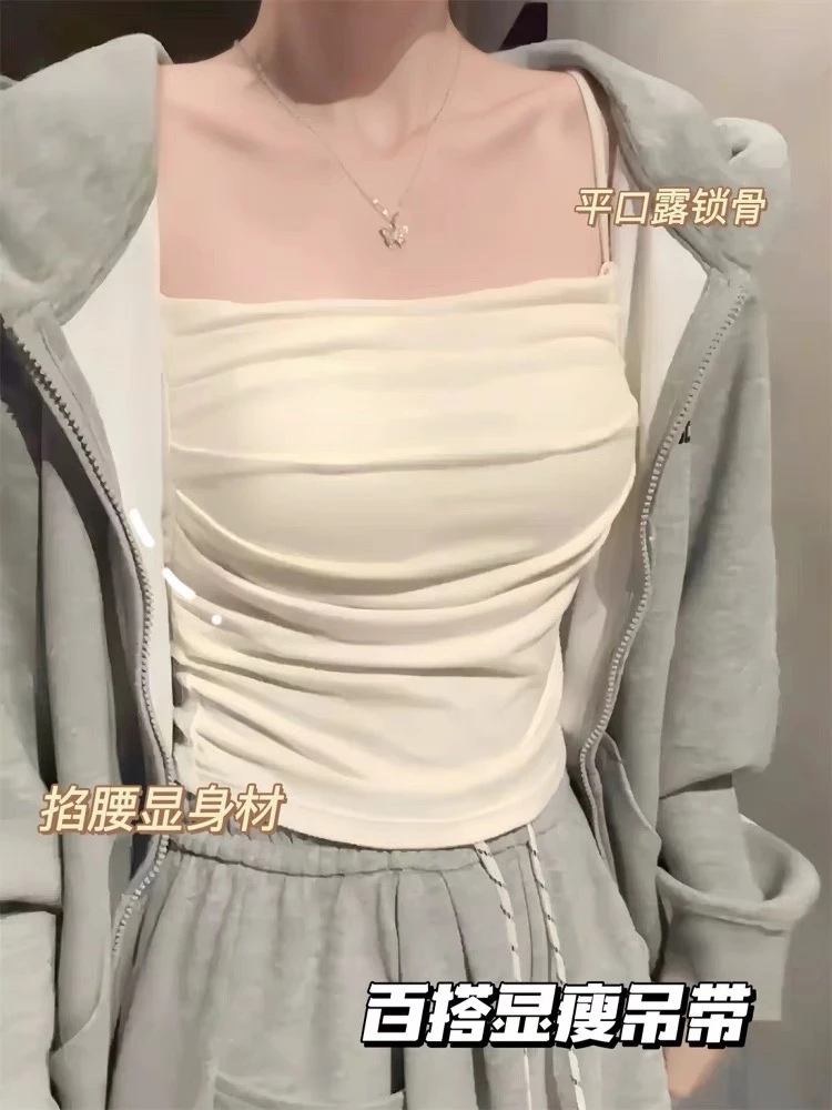 【 巨掐腰不透杯垫吊带】奶油色巨好看纯欲白色褶皱带胸垫吊带背心