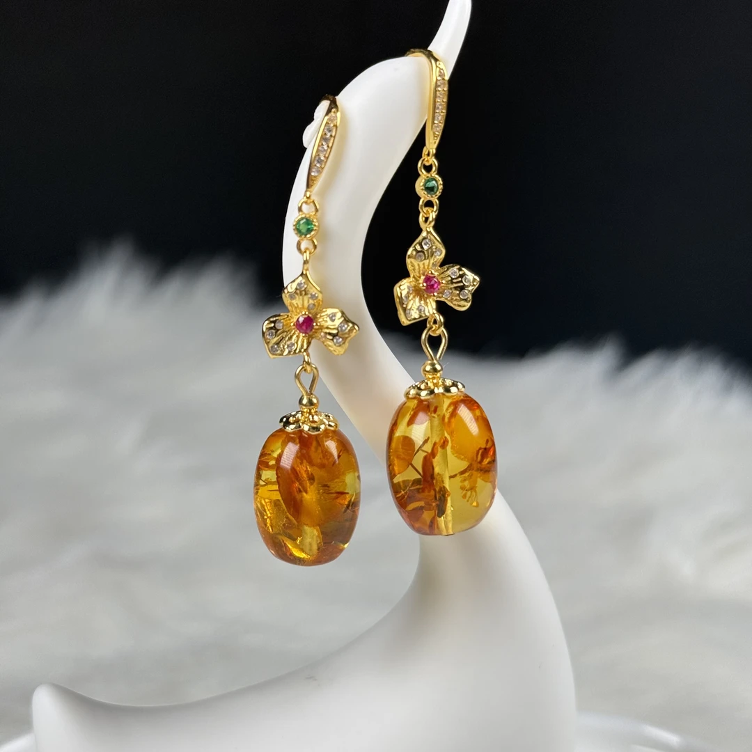 佳璐珠宝天然俄罗斯花珀枣珠桶珠耳环耳勾气质时尚百搭复古黄色