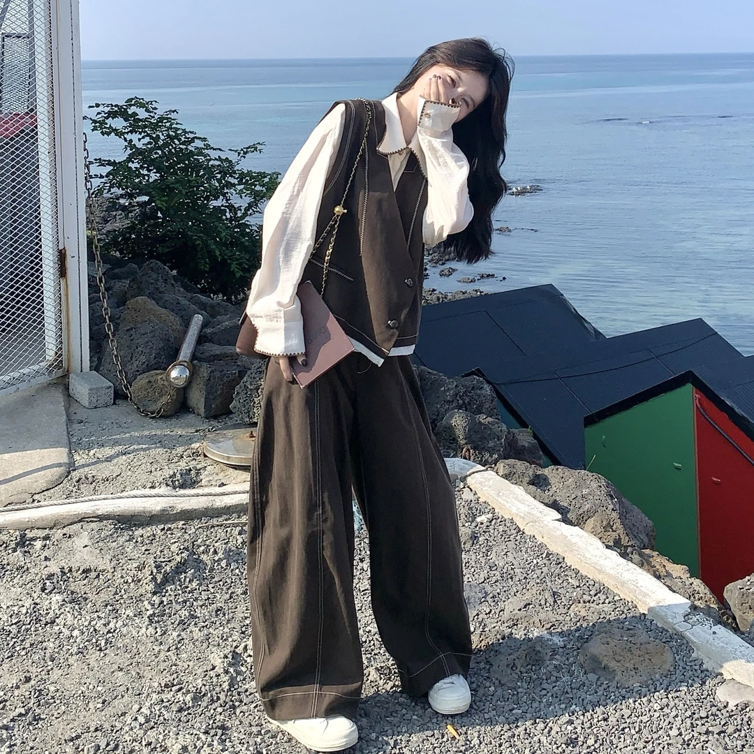 秋季法式衬衫马甲松弛感女装套装裤遮肉显高直筒阔腿裤穿搭三件套