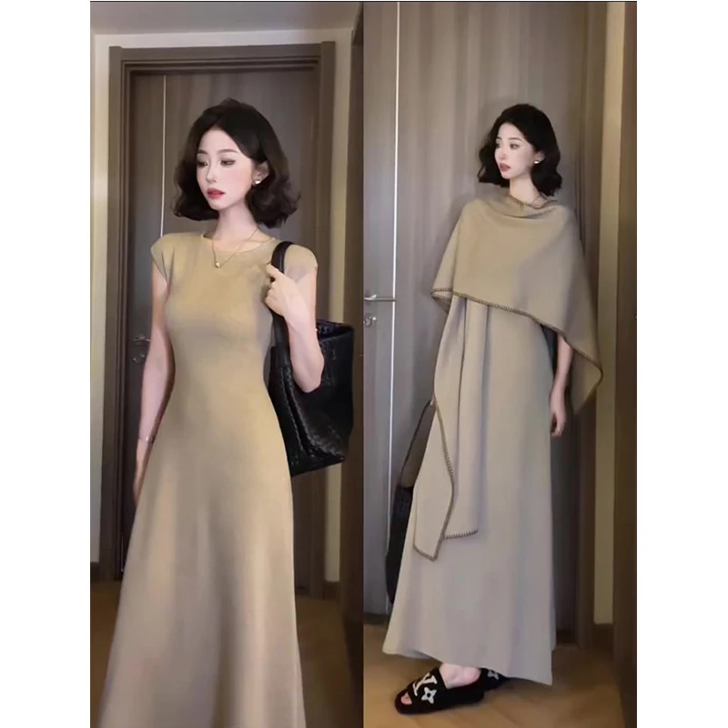 韩系复古收腰显瘦短袖连衣裙女夏季新款搭配披肩包臀长裙两件套装