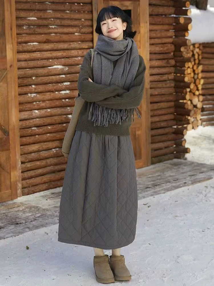 纯色菱格大摆裙宽松中长a字伞裙复古夹棉保暖松紧腰系带半身裙女