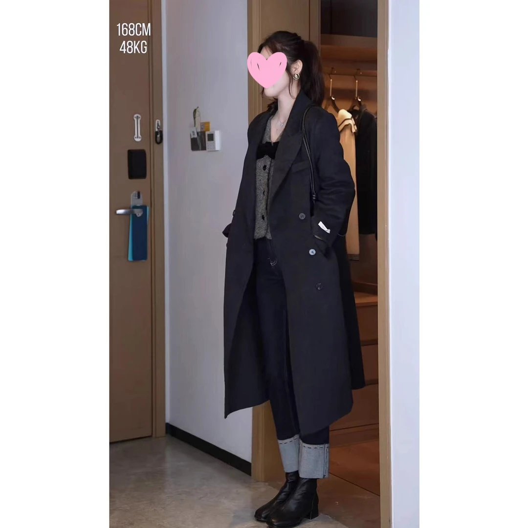 张元一女装同款复古气质御姐风黑色大衣外套女秋冬款毛呢外套上衣