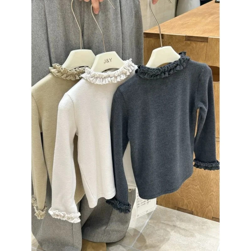 女童休闲风韩版秋冬打底衫100%纯棉磨毛上衣女童装半高领长袖百搭