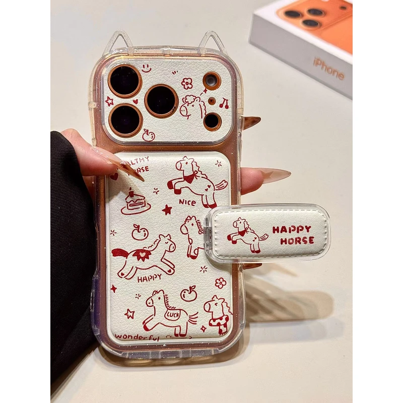 立体耳朵红线条小马折叠支架适用苹果17promax手机壳15iphone16