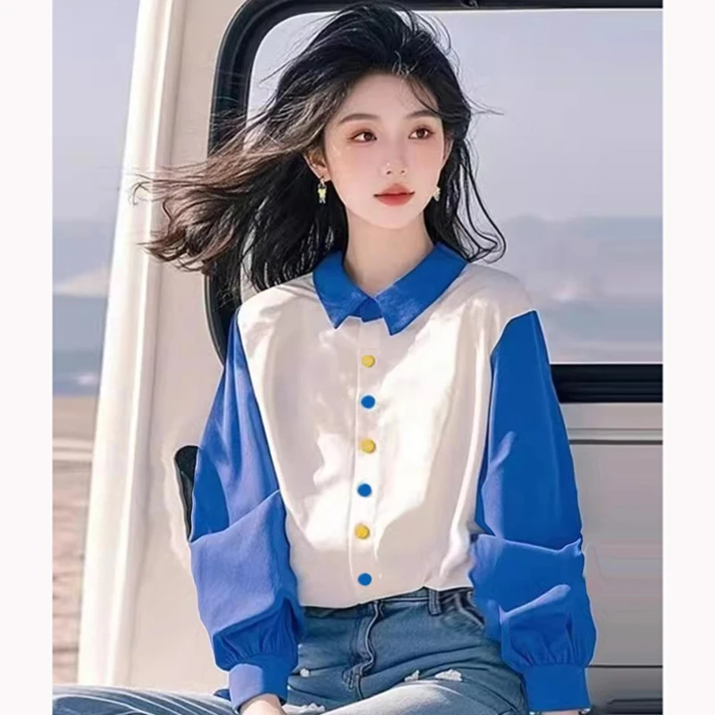 X509漂亮洋气小清新克莱因蓝撞色拼接洋气衬衫春长袖衬衣女显瘦