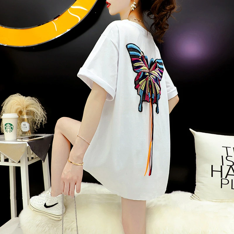 2025夏季新款中长款纯棉短袖t恤女大码宽松立体蝴蝶绣花刺绣上衣