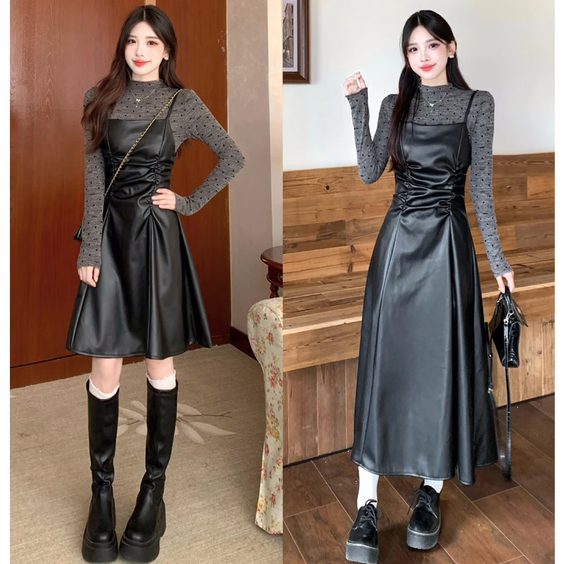 大码胖mm秋季穿搭法式吊带连衣裙套装高级感长袖上衣皮裙两件套女