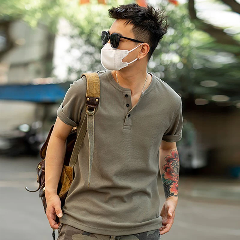 仓石一树2025新款重磅华夫格T恤男士短袖夏季休闲亨利衫领POLO衫