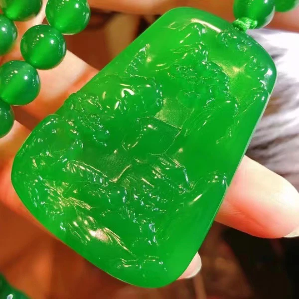 天然满绿玉髓玛瑙山水牌吊坠有山有水赠证书绳子随机礼盒新店宠粉