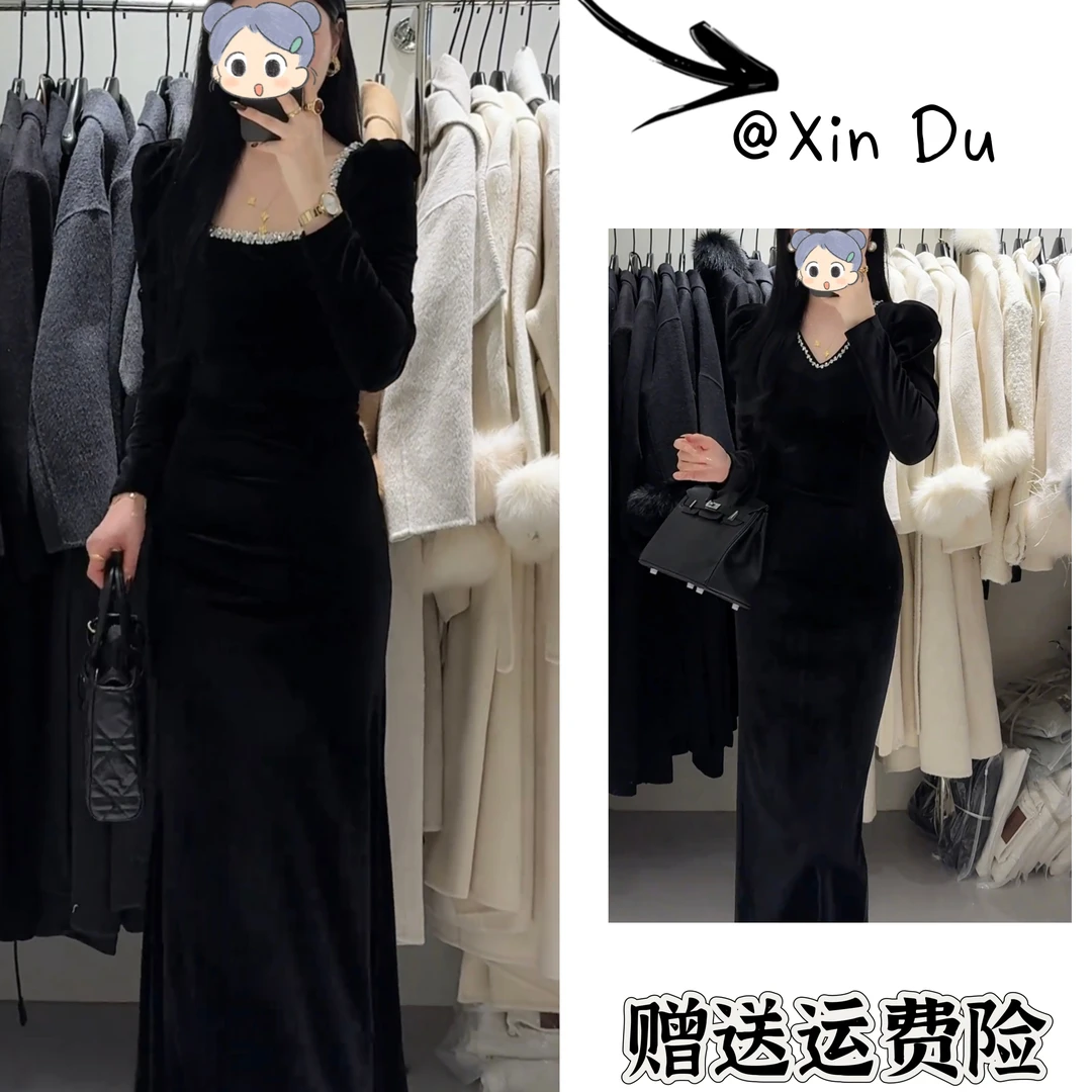 连衣裙显瘦气质时尚黑色法式修身名媛长袖轻奢女神性感春季鱼尾裙