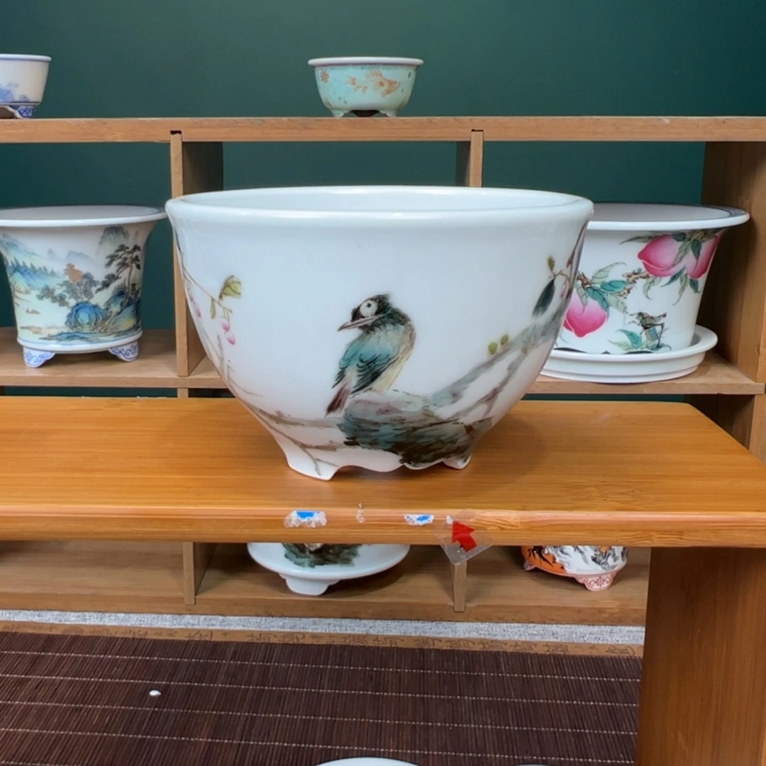 福利手工手绘粉彩花鸟小号花盆