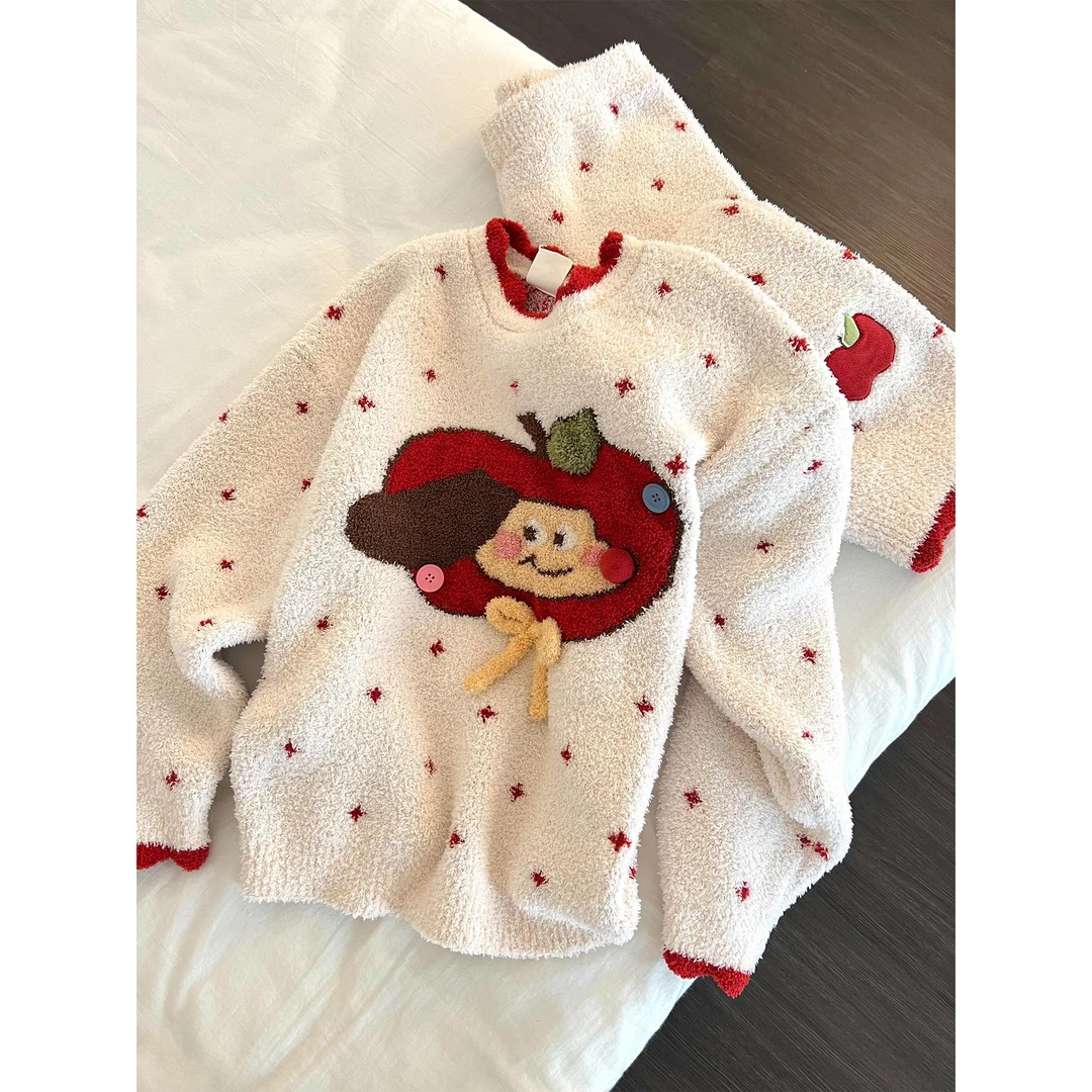可爱苹果小狗保暖针织睡衣女加绒加厚半边绒家居服套装女