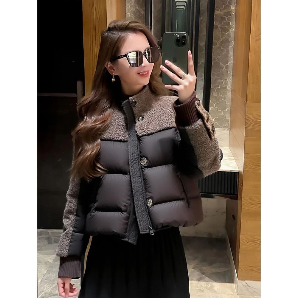 VONSRMAN咖色拼接羽绒服女2025年冬季新款小个子轻薄保暖短款外套