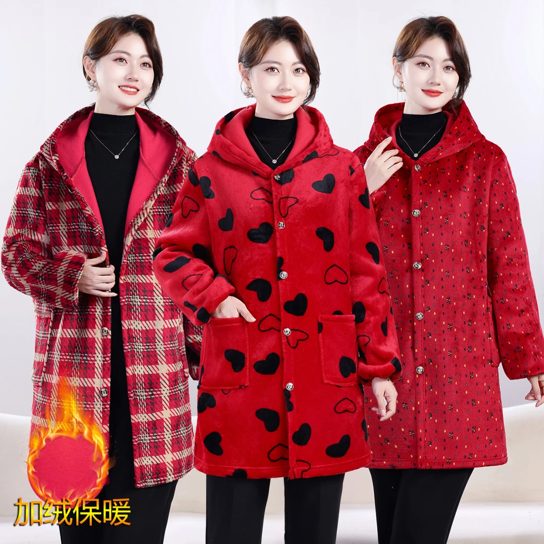 秋冬季法兰绒连帽外套罩衣妈妈新款连帽耐脏防油工作服中长款上衣