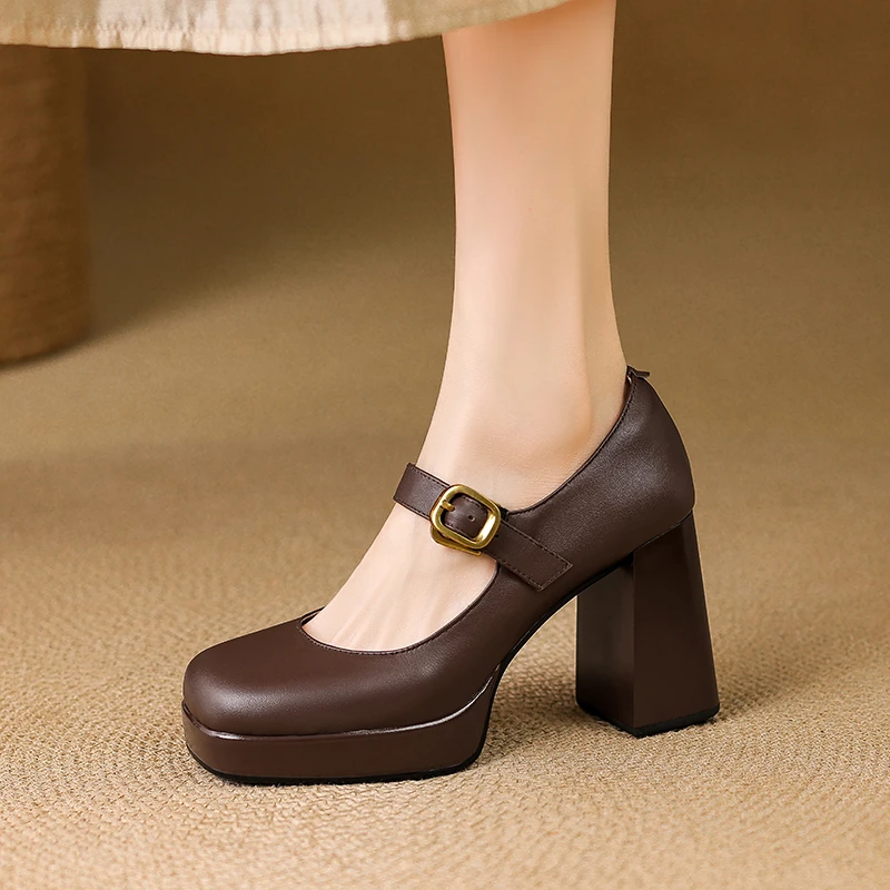 新款法式复古防水台高跟鞋女春夏一字带厚底粗跟单鞋方头玛丽珍鞋