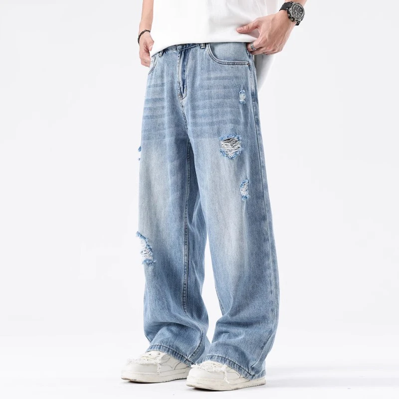 轻奢痞帅男装破洞牛仔裤男直筒裤宽松夏季新款潮牌阔腿长裤子男生