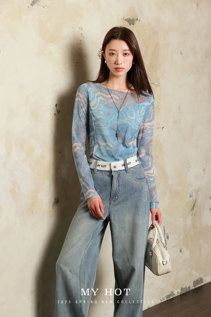 2025春夏新品印花纱衣时尚显瘦蓝色