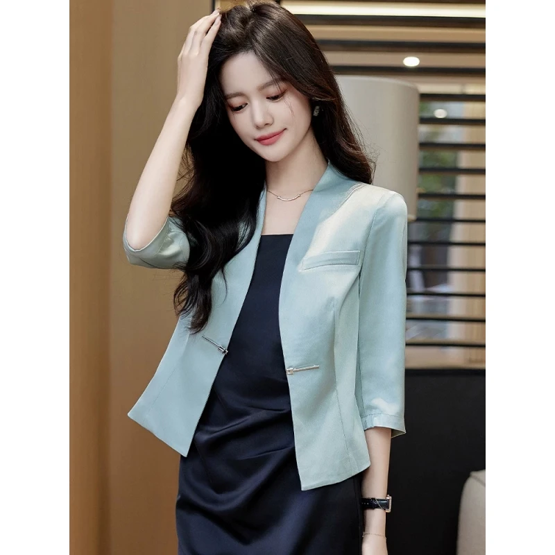 夏季薄款缎面小西装外套女2025新款高端小个子职业装西服套装