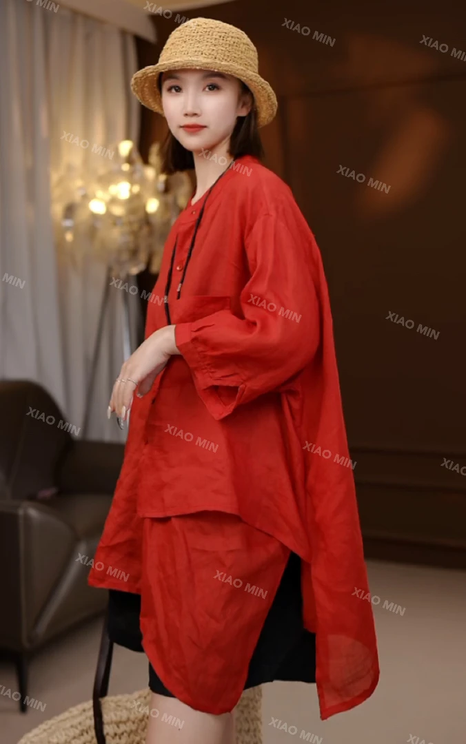 2025夏季新款休闲时尚不规则设计小立领纯苎麻衬衫女2525