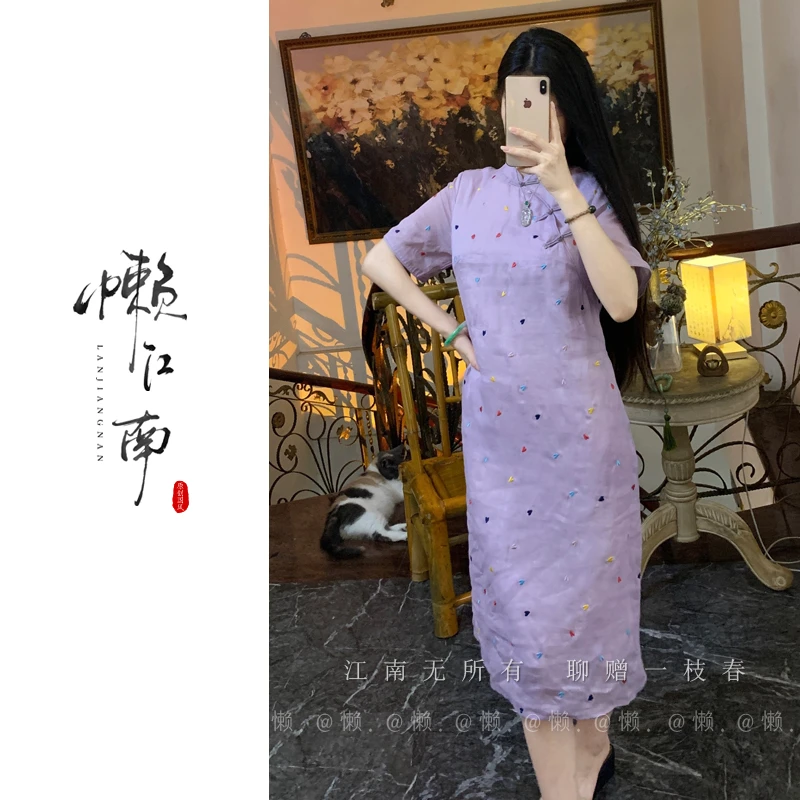 懒·江南「幸运心」满幅刺绣-100支纯苎麻夏季国风手工旗袍连衣裙