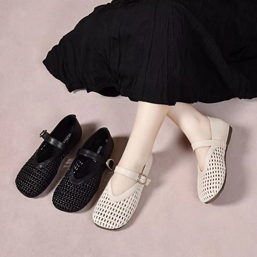 夏季女款镂空单鞋2025新款时尚百搭浅口舒适一字带仙女风气质单鞋