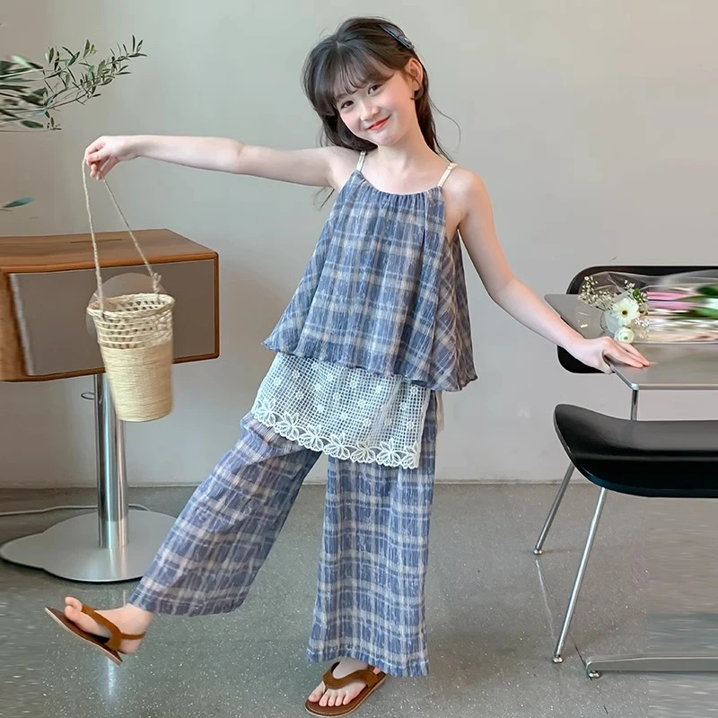女童夏装套装2025新款洋气儿童夏季格子吊带休闲裤女孩大童两件套
