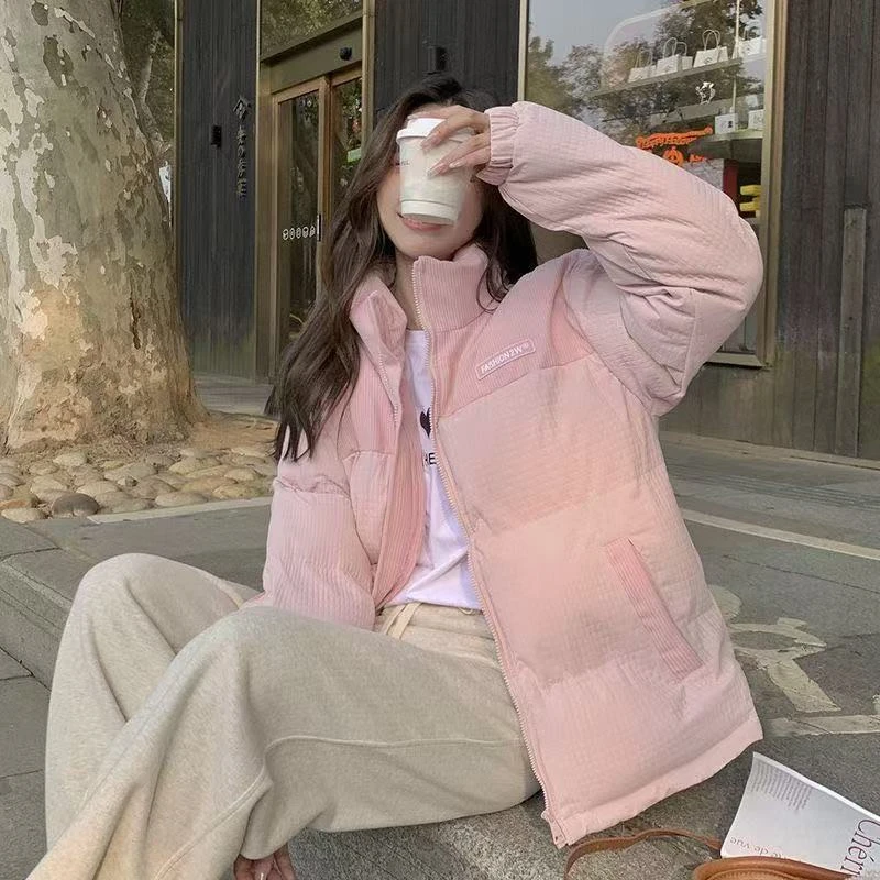 百搭短款棉服字母立领休闲收口袖韩版保暖拼接棉衣A188