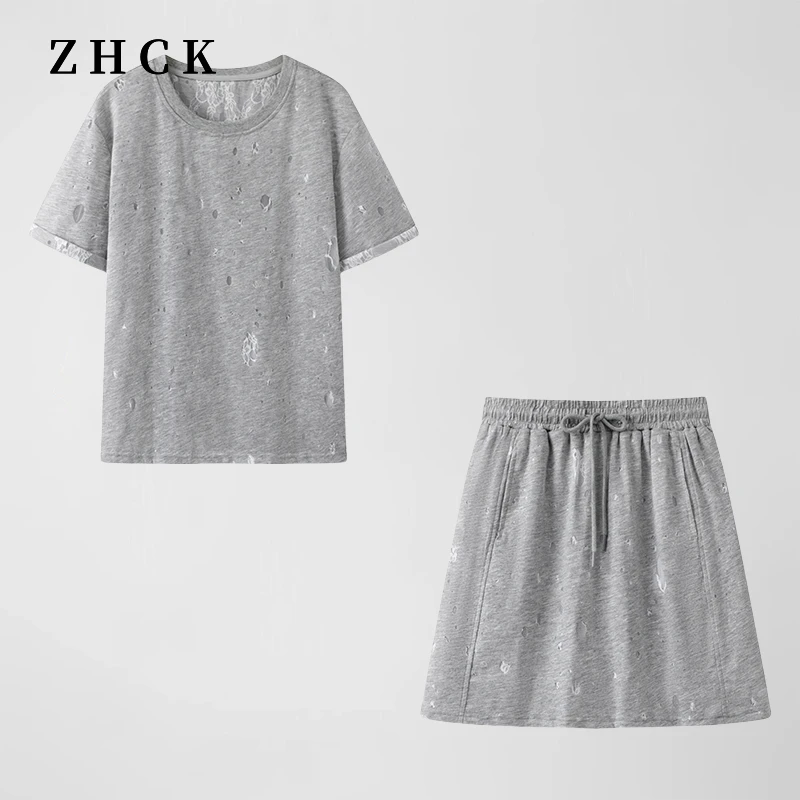 ZHCK夏季2025新款设计感短袖T恤女+松紧腰裤裙两件套时尚潮流套装