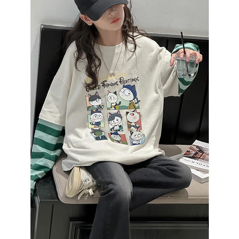 K27098孙小美假两件女童秋冬加绒加厚T恤2025宽松上衣打底衫